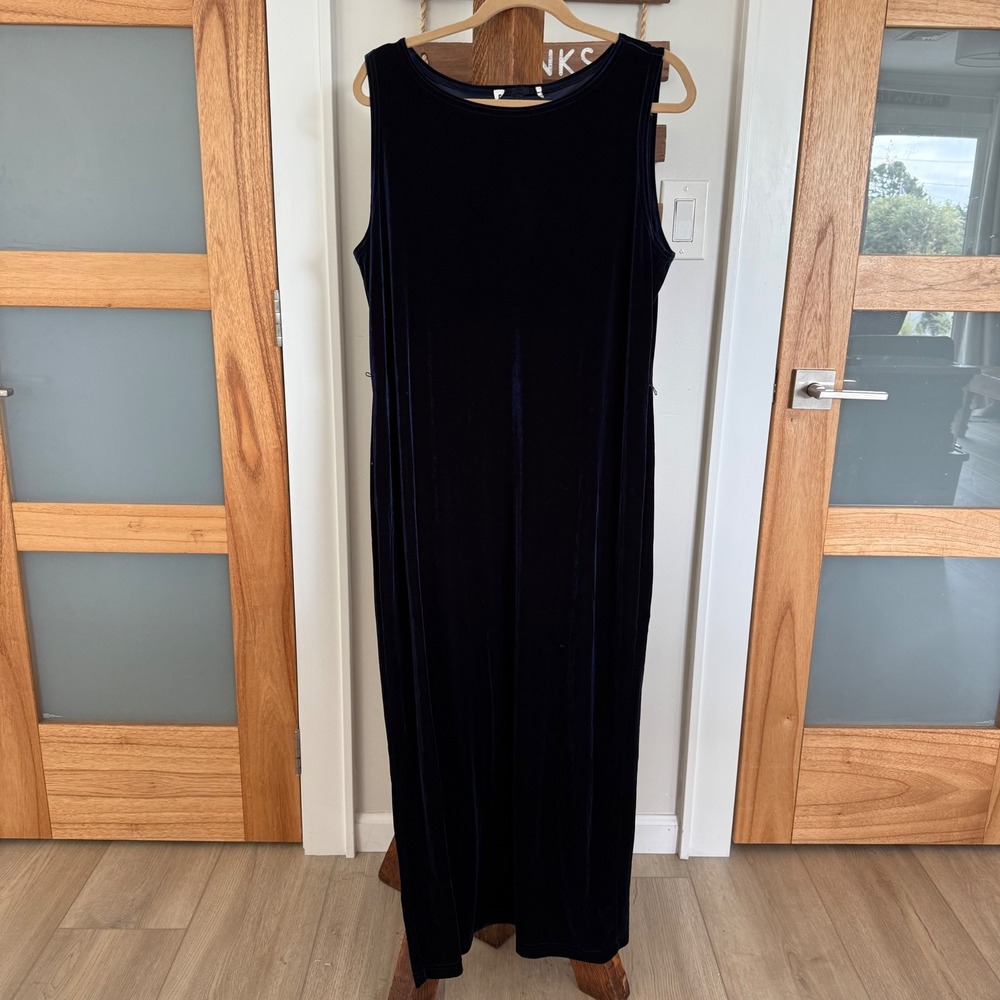 Navy Blue Velvet Sleeveless Maxi Dress Round Neck Back Slit Evening Gown Lrg EUC